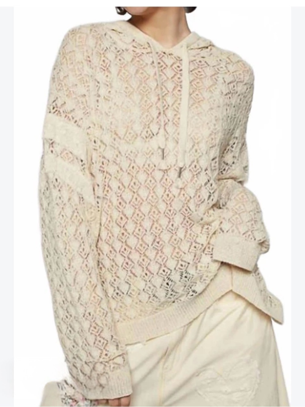 POL Cream Open-Knit Hooded Sweater